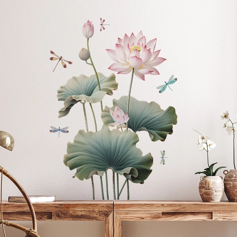 Chinese Style Lotus Dragonfly PVC Wall Sticker Removable Floral Art Decal For Living Room Bedroom TV Background Home Decor
