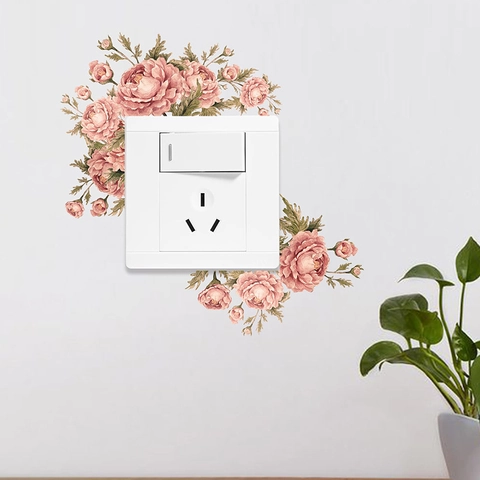 Sticker d'Interrupteur Fleurs de Pivoine Rose Aquarelle en PVC Auto-Adhésif pour Interrupteurs et Prises Décoration Murale Maison