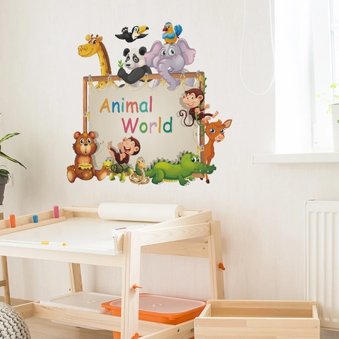 Cartoon Forest Animal World Wall Sticker Giraffe Elephant Panda Self Adhesive Removable PVC Decal For Kids Nursery Bedroom