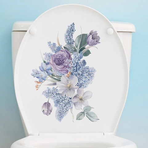 Modern Minimalist Purple Floral PVC Toilet Sticker Self-Adhesive Waterproof Flower Decal For Bathroom Lid Decoration