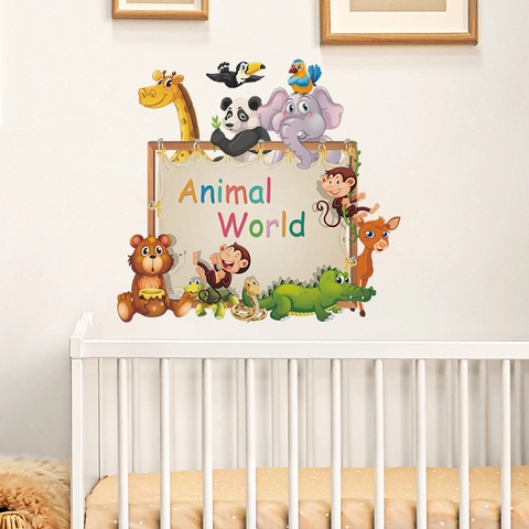 Cartoon Forest Animal World Wall Sticker Giraffe Elephant Panda Self Adhesive Removable PVC Decal For Kids Nursery Bedroom