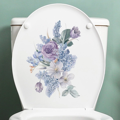 Modern Minimalist Purple Floral PVC Toilet Sticker Self-Adhesive Waterproof Flower Decal For Bathroom Lid Decoration