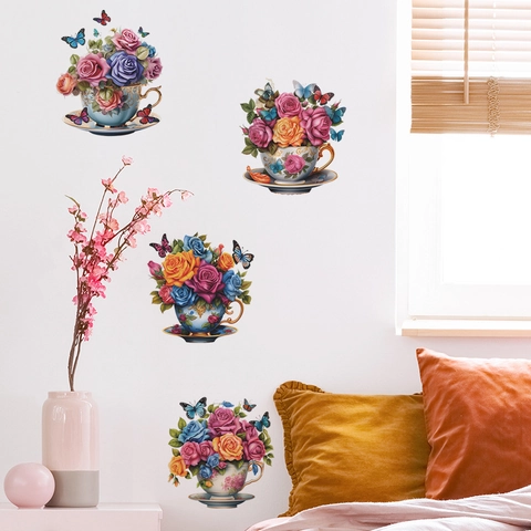 Retro Watercolor Flower Tea Cup Wall Stickers PVC Butterfly Rose Floral Decals For Living Room Bedroom Home Decor