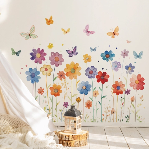 Aquarell Blume Schmetterling Wandaufkleber PVC Selbstklebend Abnehmbar Dekoratives Kunst-Sticker Für Schlafzimmer Wohnzimmer Wohnkultur