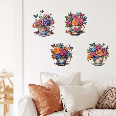 Retro Watercolor Flower Tea Cup Wall Stickers PVC Butterfly Rose Floral Decals For Living Room Bedroom Home Decor