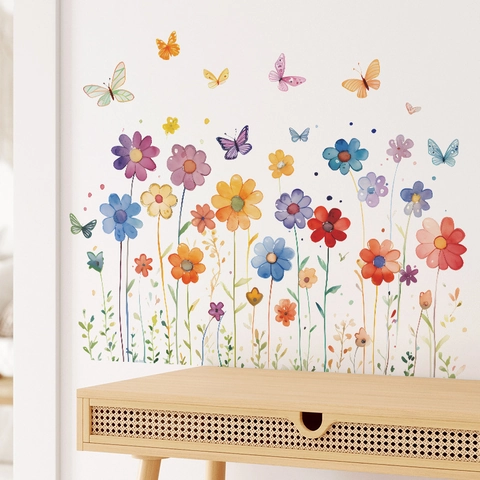 Aquarell Blume Schmetterling Wandaufkleber PVC Selbstklebend Abnehmbar Dekoratives Kunst-Sticker Für Schlafzimmer Wohnzimmer Wohnkultur