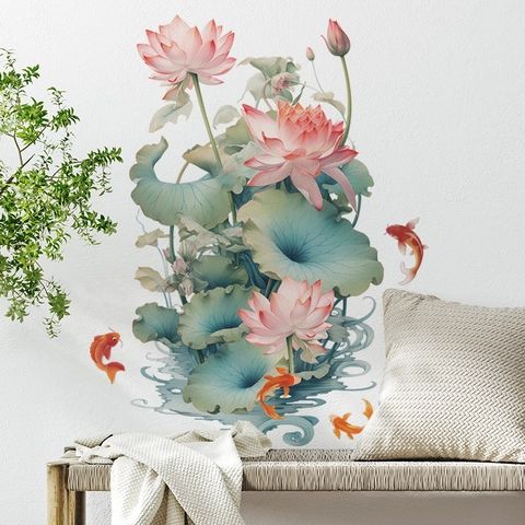 Chinese Stijl Aquarel Lotus Koi Vis Muurstickers Verwijderbare PVC Bloemen Muurschildering Voor Slaapkamer Woonkamer Huis Decoratie