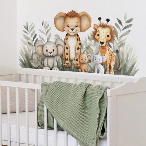 Cartoon Jungle Animals Wall Stickers Giraffe Lion Elephant Koala Watercolor PVC Self Adhesive Mural For Kids Nursery Room Decor