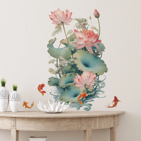 Chinese Stijl Aquarel Lotus Koi Vis Muurstickers Verwijderbare PVC Bloemen Muurschildering Voor Slaapkamer Woonkamer Huis Decoratie