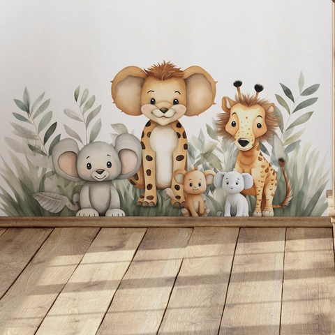 Cartoon Jungle Animals Wall Stickers Giraffe Lion Elephant Koala Watercolor PVC Self Adhesive Mural For Kids Nursery Room Decor