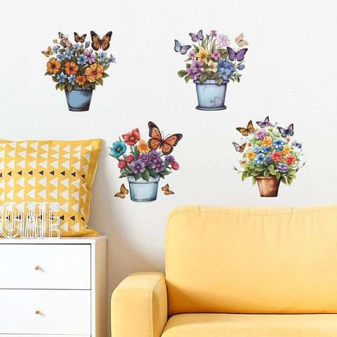 Aquarell Blume Topfpflanze Schmetterling Wandtattoo PVC Abnehmbare Florale Aufkleber Haus Hintergrund Deko Für Wohnzimmer