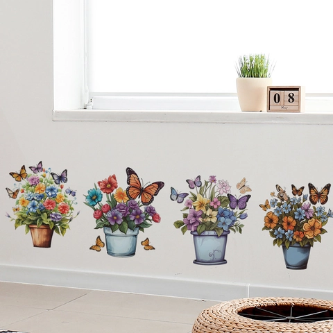 Aquarell Blume Topfpflanze Schmetterling Wandtattoo PVC Abnehmbare Florale Aufkleber Haus Hintergrund Deko Für Wohnzimmer