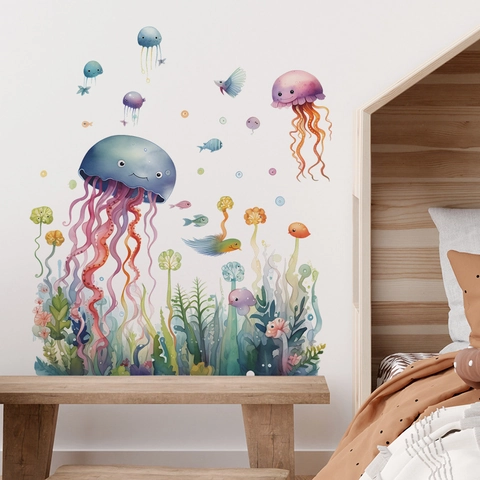 Adhesivos de Pared Mundo Submarino Medusa Dibujos Animados Acuarela Vida Marina Coral Pez PVC Autoadhesivo Decoración