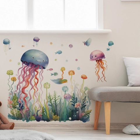 Adhesivos de Pared Mundo Submarino Medusa Dibujos Animados Acuarela Vida Marina Coral Pez PVC Autoadhesivo Decoración