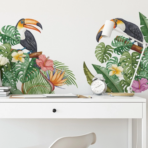 Tropische Tukan Wandtattoo Aquarell Monstera Palmblätter Floral PVC Selbstklebend Wandaufkleber Für Wohnzimmer Schlafzimmer Deko