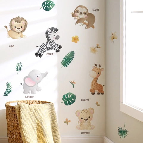 Aquarell Cartoon Dschungeltiere Wandtattoo PVC Abnehmbar Löwe Zebra Elefant Giraffe Aufkleber Für Kinderzimmer Deko