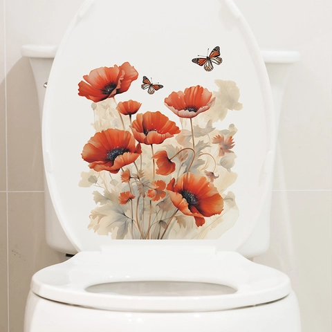 Aquarell Rote Mohnblume Toilettendeckel Aufkleber Wasserdicht PVC Floral Schmetterling Wandtattoo Für Badezimmer Heimdeko