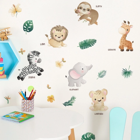 Aquarell Cartoon Dschungeltiere Wandtattoo PVC Abnehmbar Löwe Zebra Elefant Giraffe Aufkleber Für Kinderzimmer Deko