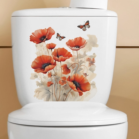 Aquarell Rote Mohnblume Toilettendeckel Aufkleber Wasserdicht PVC Floral Schmetterling Wandtattoo Für Badezimmer Heimdeko