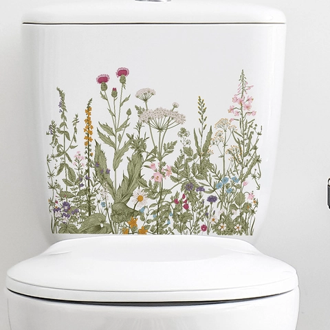 Adesivo per Gabinetto con Motivo di Fiori Selvatici e Piante Verdi Impermeabile in PVC Decorativo per Coperchio del Serbatoio del Bagno