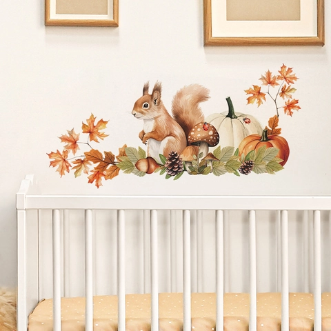 Autumn Squirrel Pumpkin Maple Leaf Wall Sticker PVC Watercolor Forest Animal Decal For Kids Room Nursery Bedroom Decor
