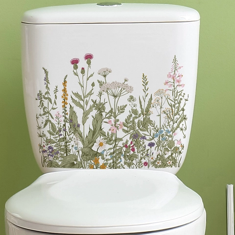 Adesivo per Gabinetto con Motivo di Fiori Selvatici e Piante Verdi Impermeabile in PVC Decorativo per Coperchio del Serbatoio del Bagno