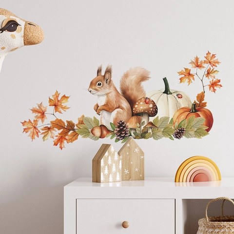 Autumn Squirrel Pumpkin Maple Leaf Wall Sticker PVC Watercolor Forest Animal Decal For Kids Room Nursery Bedroom Decor