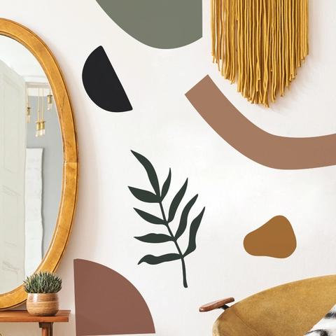 Minimalistisch Abstrakt Geometrisch Wandtattoo Schwarzer Blattzweig Erdtöne PVC DIY Aufkleber Für Wohnzimmer Schlafzimmer