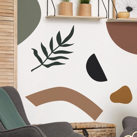 Minimalistisch Abstrakt Geometrisch Wandtattoo Schwarzer Blattzweig Erdtöne PVC DIY Aufkleber Für Wohnzimmer Schlafzimmer