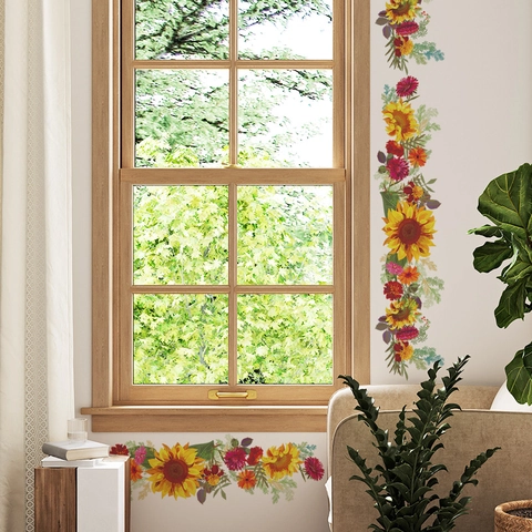 Adesivi Murali Floreali Girasole Foglie Verdi PVC Impermeabile Decorazione Bordo Cornice Porta Per Soggiorno Camera Da Letto Casa