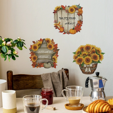 Sunflower Kitchen Wall Stickers PVC Pumpkin Maple Leaf Decorative Decals For Dining Room Restaurant Home Decor Floral Mural