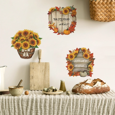 Sunflower Kitchen Wall Stickers PVC Pumpkin Maple Leaf Decorative Decals For Dining Room Restaurant Home Decor Floral Mural