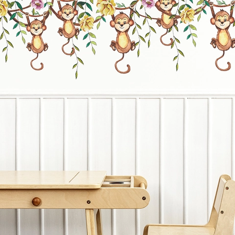 Adesivi Murali con Scimmie Cartone Animato e Fiori per Cameretta Bambini PVC Rimovibile Decorazione Soggiorno