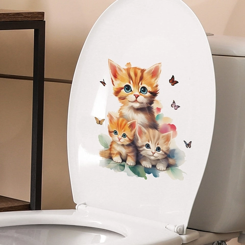 Pegatina para Tapa de Inodoro de Gatos de Dibujos Animados en Acuarela PVC Impermeable Calcomanía de Pared para Baño Decoración de Gatitos