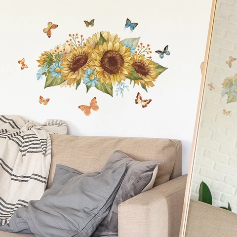 Pegatinas de Pared de Girasol y Mariposa en Acuarela PVC Autoadhesivas Decoración Floral para Dormitorio Muebles Hogar