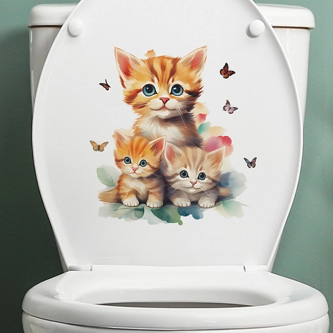 Pegatina para Tapa de Inodoro de Gatos de Dibujos Animados en Acuarela PVC Impermeable Calcomanía de Pared para Baño Decoración de Gatitos