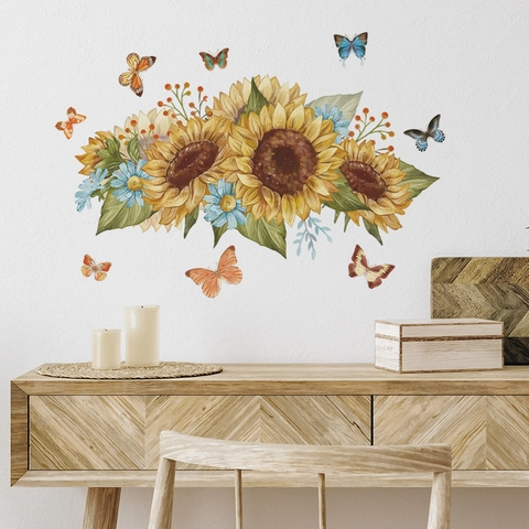 Pegatinas de Pared de Girasol y Mariposa en Acuarela PVC Autoadhesivas Decoración Floral para Dormitorio Muebles Hogar