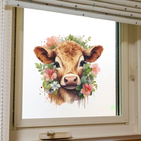Watercolor Animal Cow Head Floral Wall Sticker PVC Waterproof Window Decal Cartoon Cow Flower Home Decor Glass Sticker