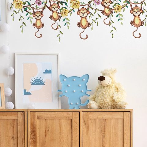 Adesivi Murali con Scimmie Cartone Animato e Fiori per Cameretta Bambini PVC Rimovibile Decorazione Soggiorno