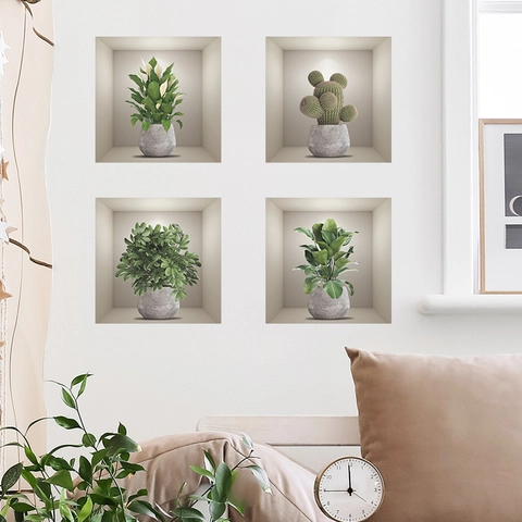 3D Pianta Verde Piante Grasse Cactus Adesivi Murali per Camera da Letto Dormitorio Sfondo Rimovibile PVC Botanico Casa Decorazione