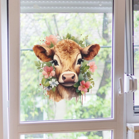 Watercolor Animal Cow Head Floral Wall Sticker PVC Waterproof Window Decal Cartoon Cow Flower Home Decor Glass Sticker