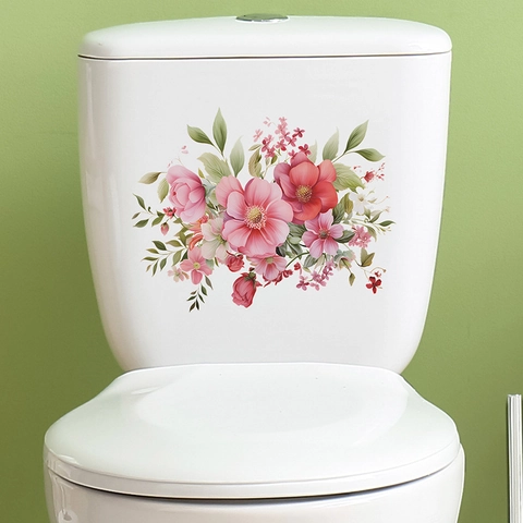 Fresco Adesivo per Coperchio del Gabinetto del Bagno con Fiori e Foglie Autoadesivo Motivo Rose Rosa Decalcomania in PVC Impermeabile