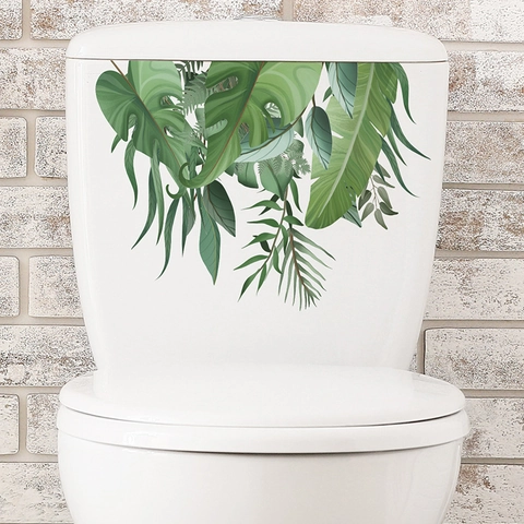 Adesivo per WC con Foglie di Piante Verdi Tropicali Impermeabile PVC Monstera Palma Decalcomania da Muro per Bagno Arredamento Adesivo da Parete