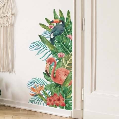 Tropical Flamingo Toucan Wall Stickers Monstera Leaves Flower Waterproof PVC Decals For Bedroom Living Room Background Decor