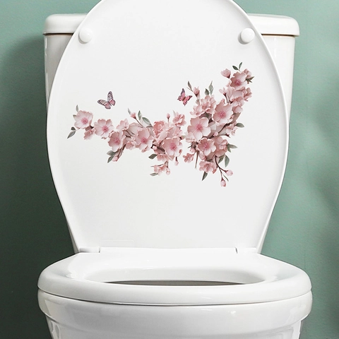 Adesivo per WC con Farfalla e Fiori di Ciliegio Rosa in PVC Rimovibile Decalcomania da Muro per Bagno Decorazione Casa