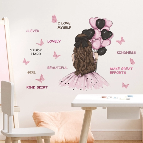 Abnehmbares PVC Wandtattoo Cartoon Mädchen Rückansicht Mit Rosa Herzballons Schmetterling Inspirierender Englischer Spruch Aufkleber Für Kinderzimmer Deko