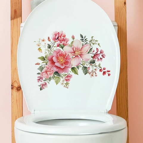 Adesivo per Toilette Bagno Floreale Impermeabile in PVC Decalcomania da Muro Fiore Rosa per Decorazione Coperchio WC M-314