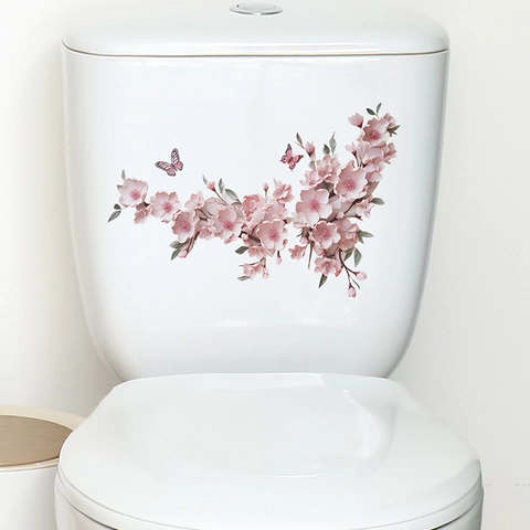 Adesivo per WC con Farfalla e Fiori di Ciliegio Rosa in PVC Rimovibile Decalcomania da Muro per Bagno Decorazione Casa