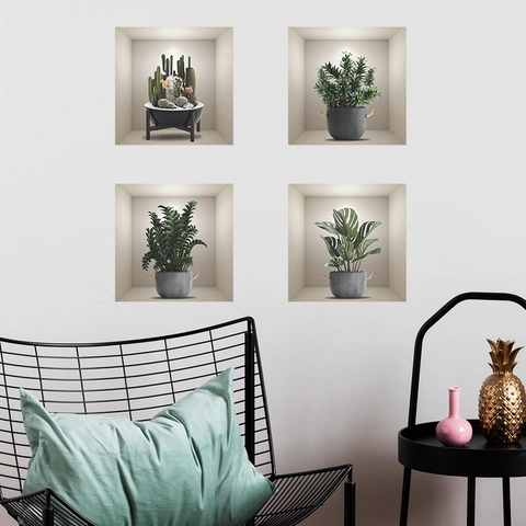 3D Potplanten Muurstickers PVC Verwijderbare Groene Blad Cactus Vetplant Nis Effect Decals Voor Woonkamer Slaapkamer Decoratie
