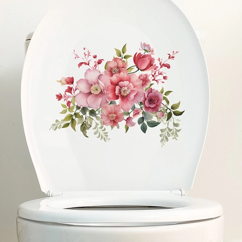 Adesivo per Coperchio Gabinetto Fiori Rosa Acquerello PVC Impermeabile Murale Moderno Bagno Cassetta WC Pellicola Decorativa